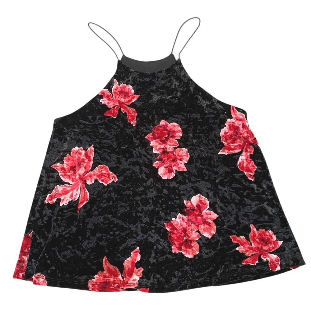 Vtg 90s Y2K Cami Black Crushed Velvet Small Tank Top Criss Cross Roses‎ Floral